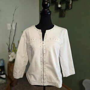 Women's Alfred Dunner All Aboard White Denim Stretch Jacket-Size 8P- NICE